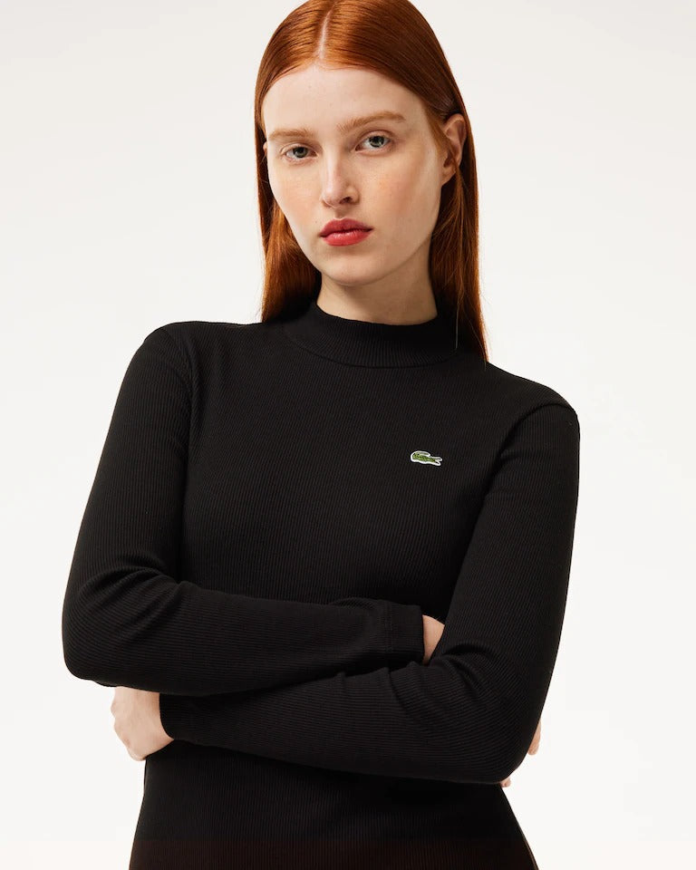 Vestido Gola Alta Curto Manga Longa Rib