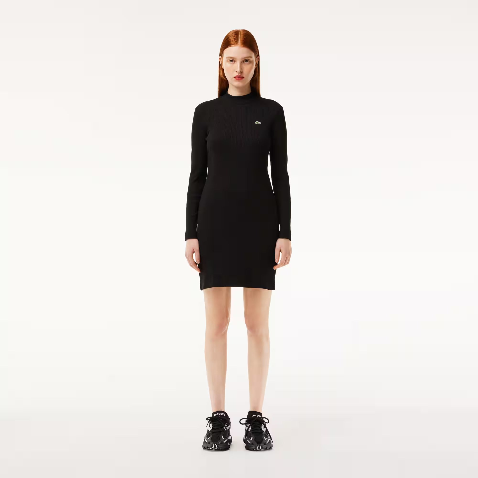 Vestido Gola Alta Curto Manga Longa Rib