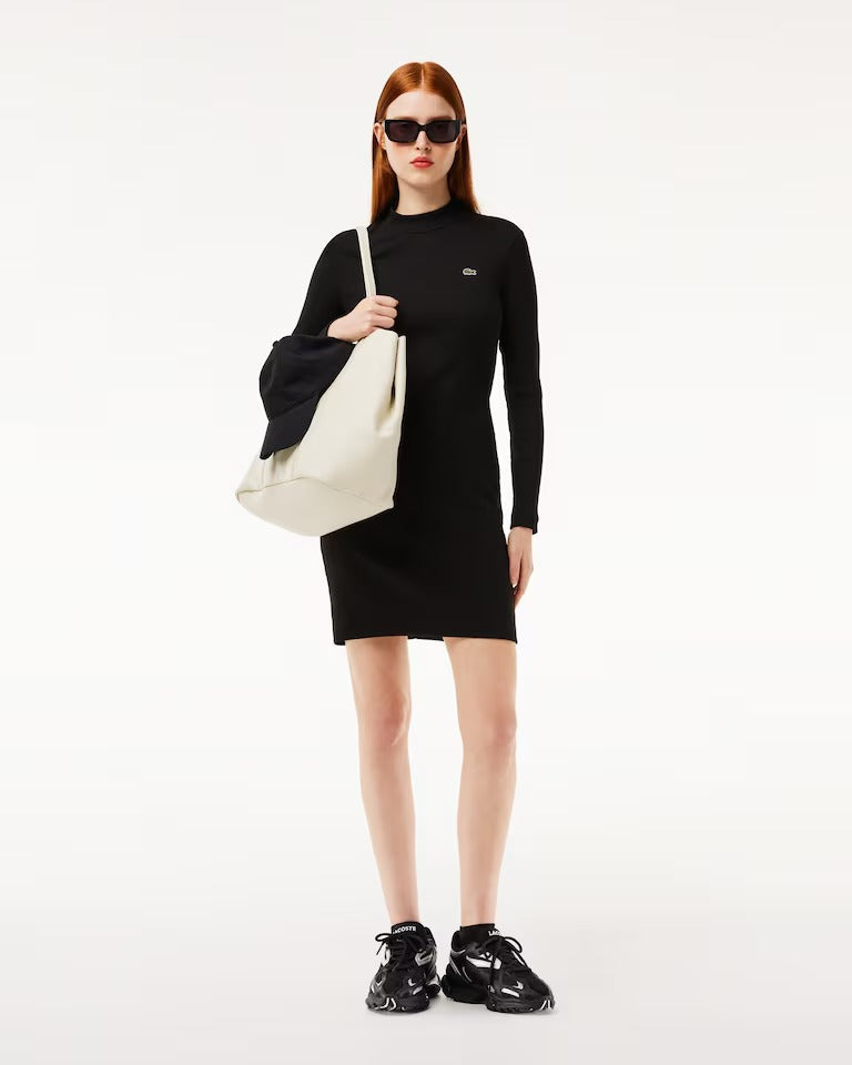 Vestido Gola Alta Curto Manga Longa Rib