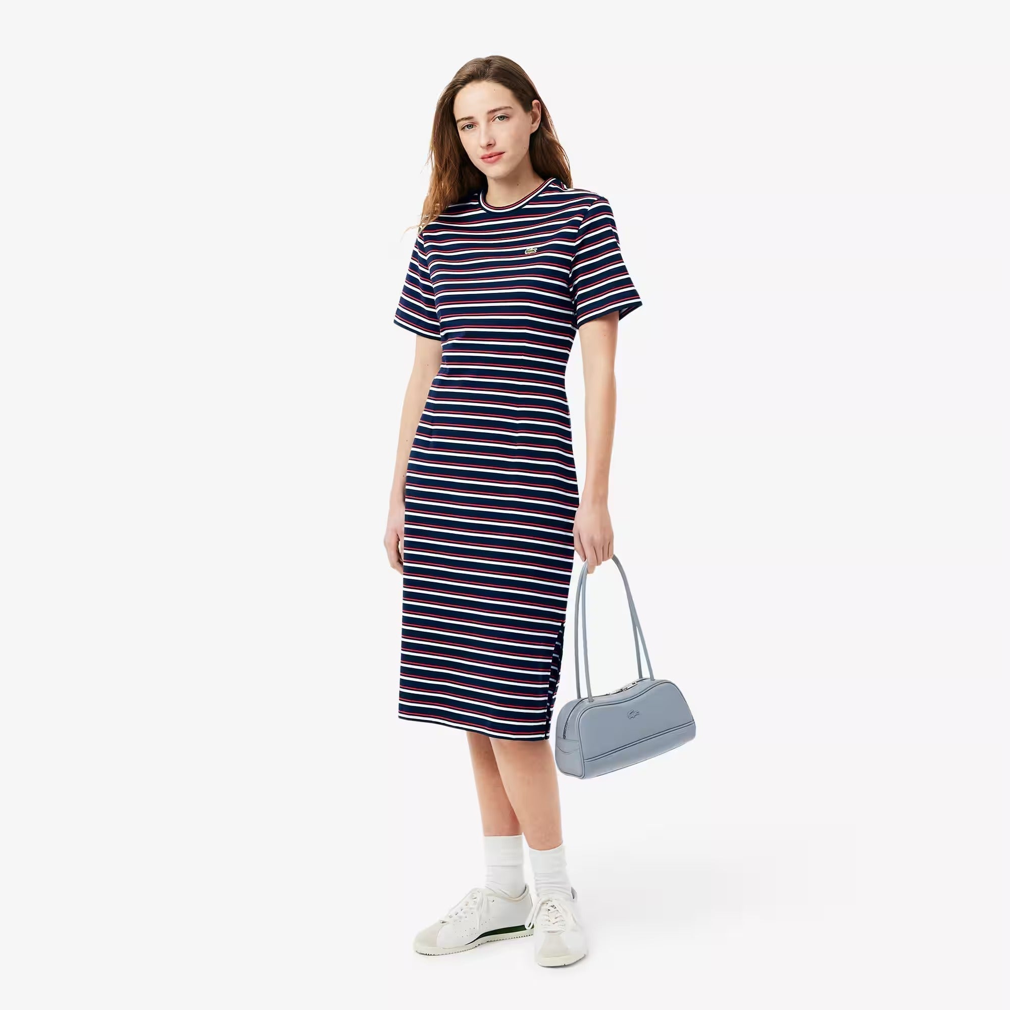 Vestido Tshirt Midi Manga Curta Jersey Raye Listrado
