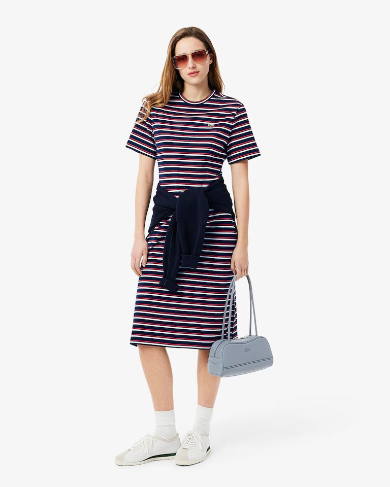 Vestido Tshirt Midi Manga Curta Jersey Raye Listrado