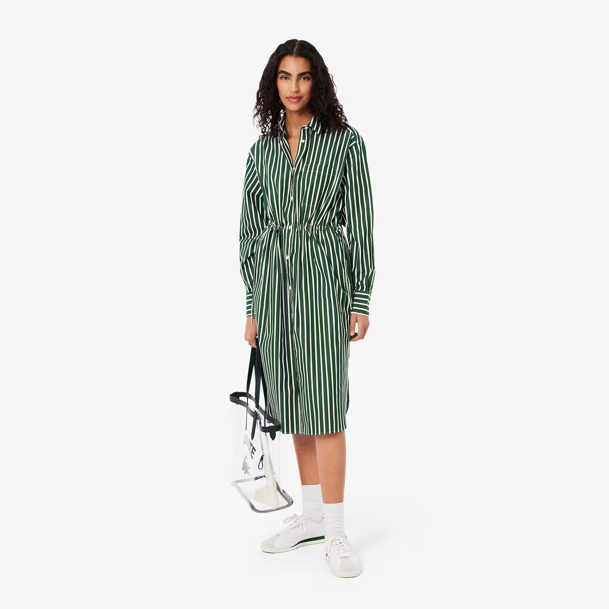 Vestido Camisa Midi Manga Longa Listrado com Bolso