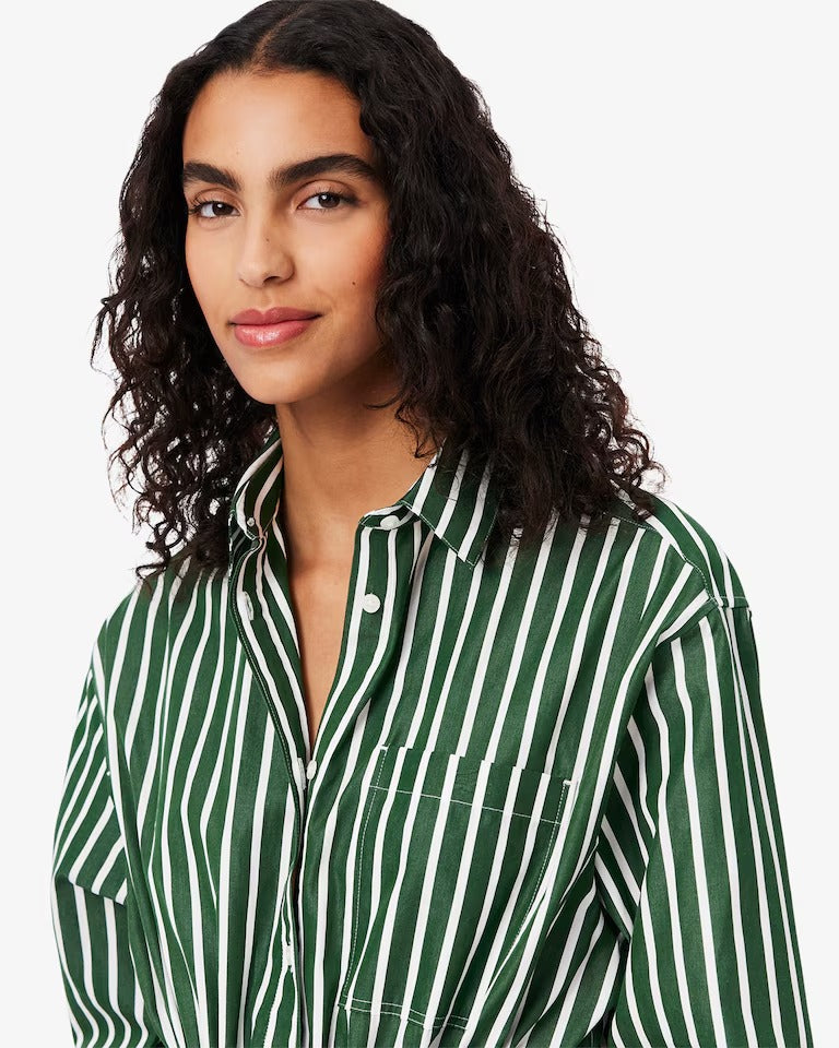 Vestido Camisa Midi Manga Longa Listrado com Bolso