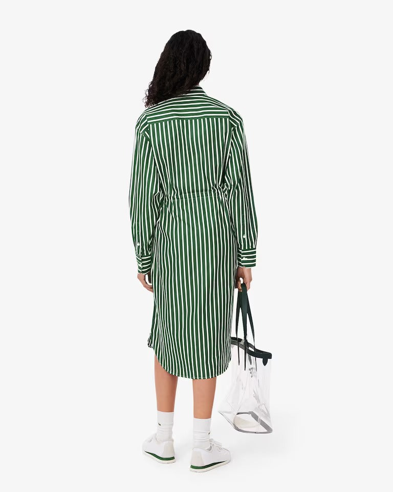 Vestido Camisa Midi Manga Longa Listrado com Bolso