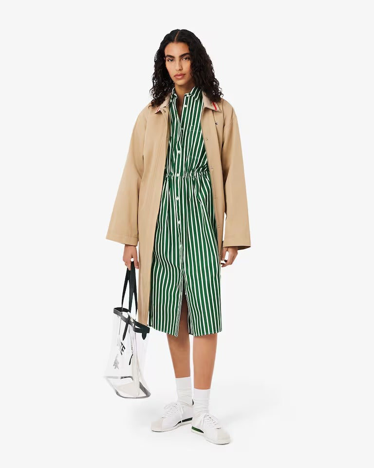 Vestido Camisa Midi Manga Longa Listrado com Bolso